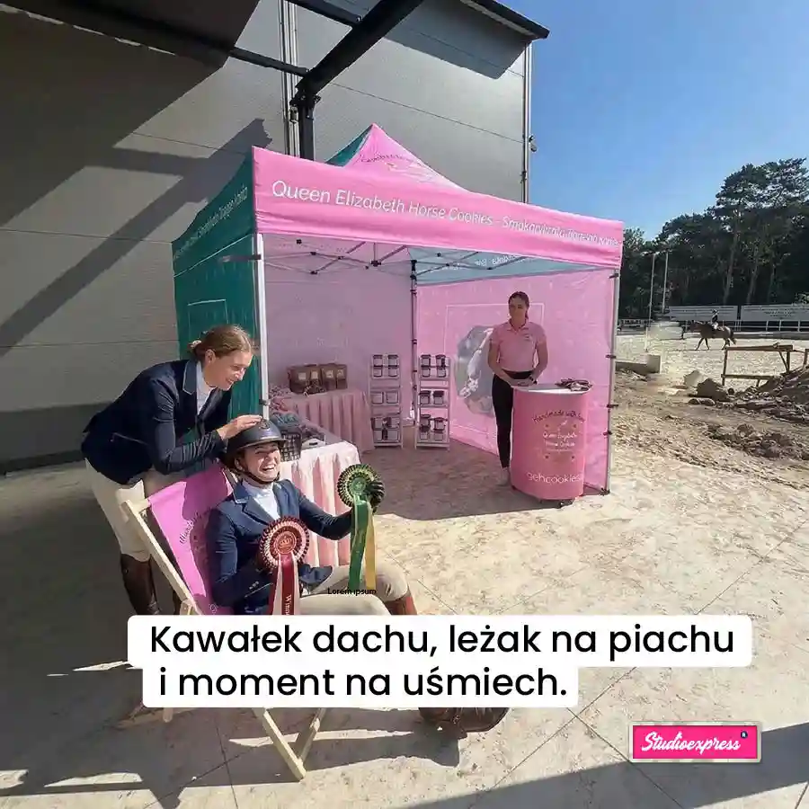 Różowy namiot 3x3m Queen Elizabeth Horse Cookies zawody jeździeckie