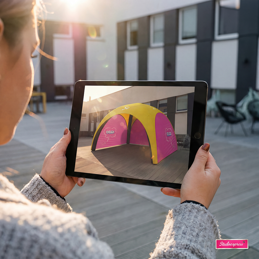 Wizualizacja modelu 3D namiotu reklamowego 3x3 na ekranie tabletu