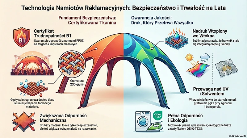 Infografika: atest B1 namiotu 3x3, gramatura tkaniny 235 g/m² i druk sublimacyjny OEKO-TEX