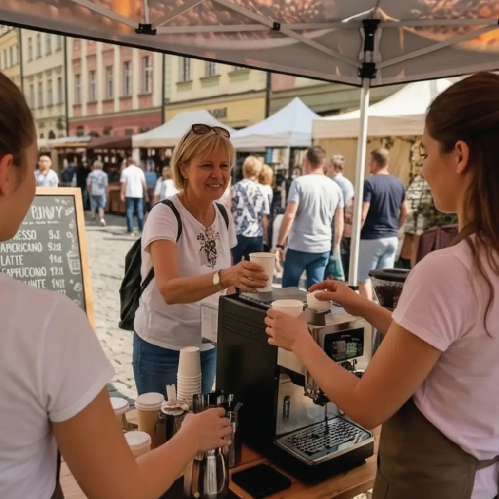 interakcja klientki z baristką podczas promocji kawiarni na rynku