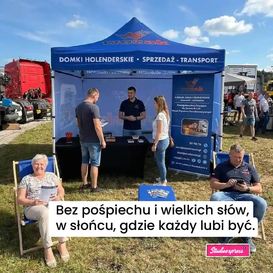 Namiot stelażowy Orient Express z leżakami i roll-upem — realizacja dla firmy Wozak