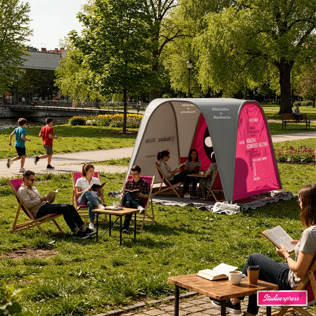 Plenerowa czytelnia pod namiotem eventowym Kermit's Place